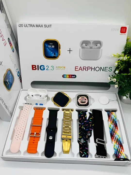i20 Ultra Max Suit Smartwatch – 10 in 1 Set with Earbuds, 7 Straps & Case