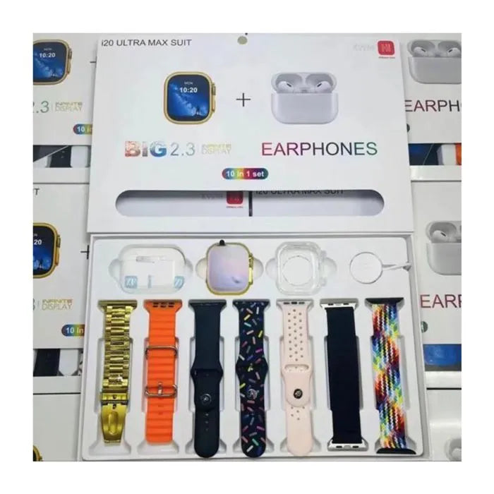 i20 Ultra Max Suit Smartwatch – 10 in 1 Set with Earbuds, 7 Straps & Case