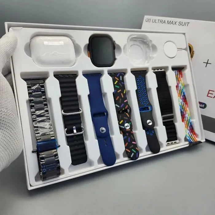 i20 Ultra Max Suit Smartwatch – 10 in 1 Set with Earbuds, 7 Straps & Case