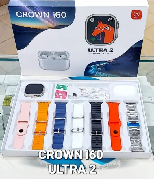 Crown i60 Ultra 2 Smart Watch + Earbuds Combo – 07+1 Set | Bluetooth Calling | AMOLED