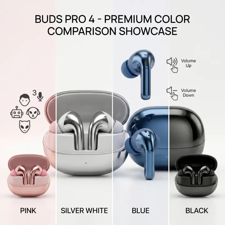 Buds Pro 4 Wireless Earbuds – 3 Voice Changer | Volume Control | 48H Battery