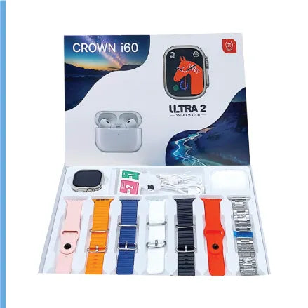 Crown i60 Ultra 2 Smart Watch + Earbuds Combo – 07+1 Set | Bluetooth Calling | AMOLED