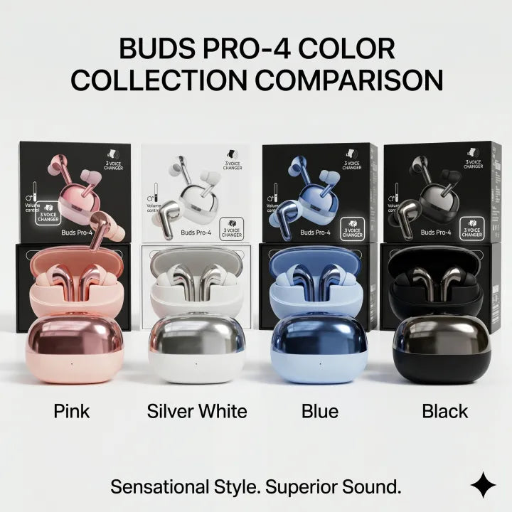 Buds Pro 4 Wireless Earbuds – 3 Voice Changer | Volume Control | 48H Battery