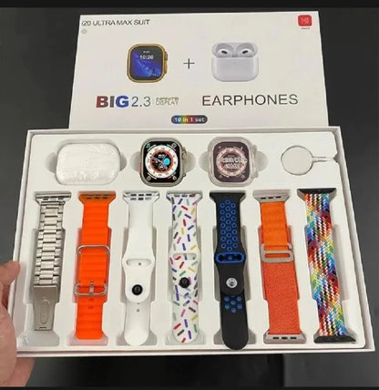 i20 Ultra Max Suit Smartwatch – 10 in 1 Set with Earbuds, 7 Straps & Case
