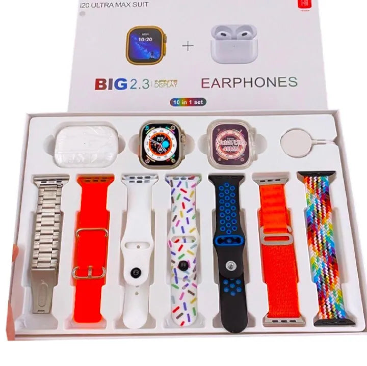 i20 Ultra Max Suit Smartwatch – 10 in 1 Set with Earbuds, 7 Straps & Case